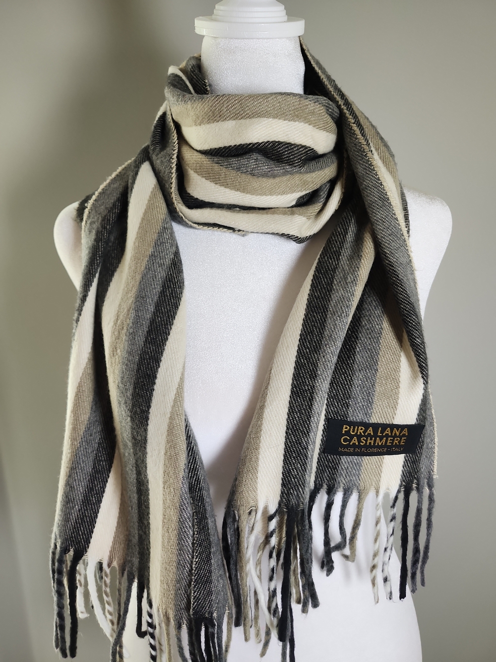 Pura Lana Cashmere Striped Cream & Black Scarf Made In Florence Italy